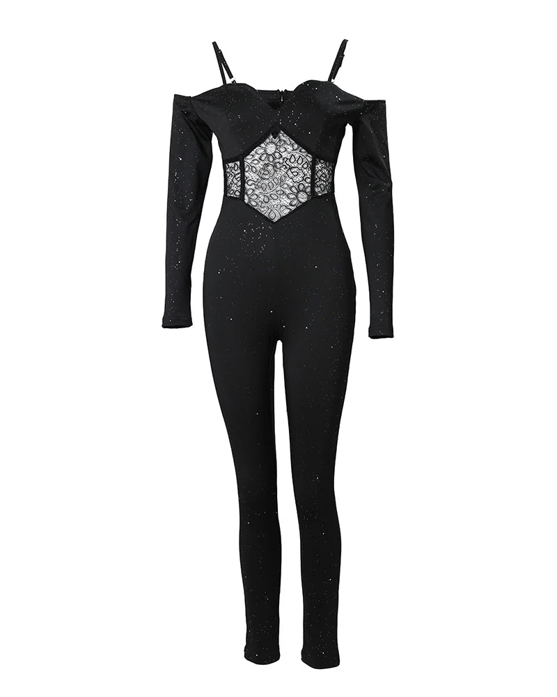 Cold Shoulder Contrast Lace Corset Jumpsuit Women High Waist Fashion Spring Summer Ankle Length Jumpsuits Overall Pants