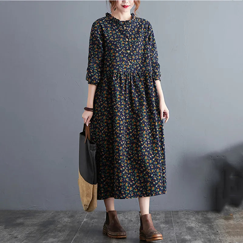 long sleeve cotton linen ruffle vintage floral new in dresses for women casual loose spring autumn dress elegant clothing 2026