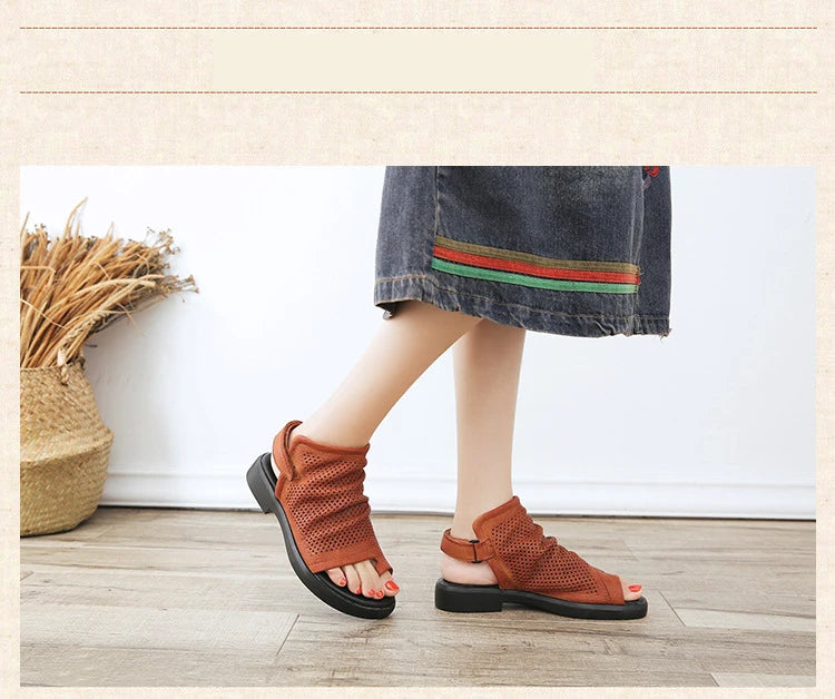 Birkuir Retro Hollow Out Sandals For Women Genuine Leather Flip Flop Slides Sandals Breathable Shoes Hook Loop Beach Sandals