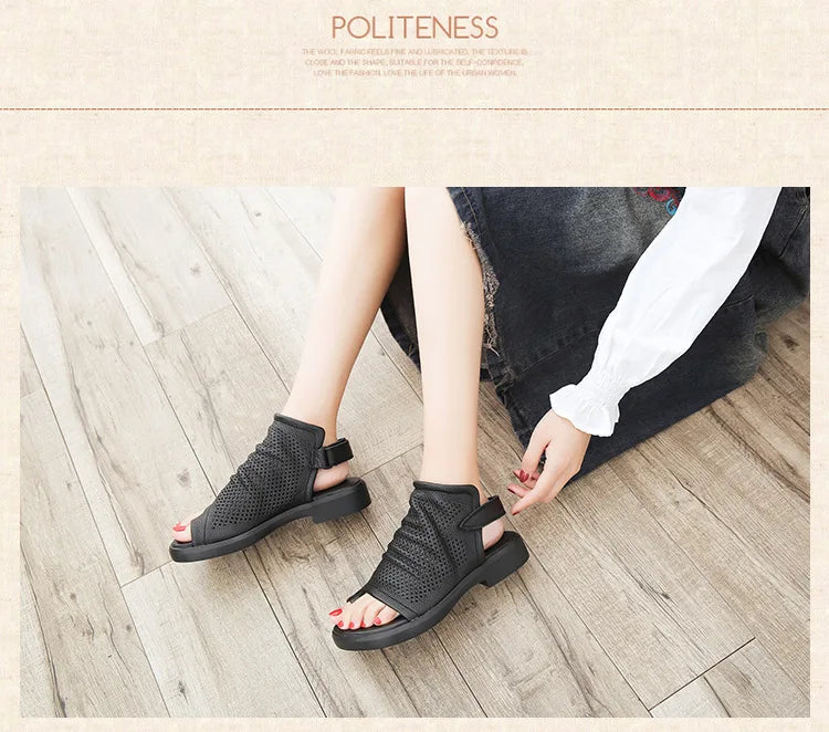 Birkuir Retro Hollow Out Sandals For Women Genuine Leather Flip Flop Slides Sandals Breathable Shoes Hook Loop Beach Sandals
