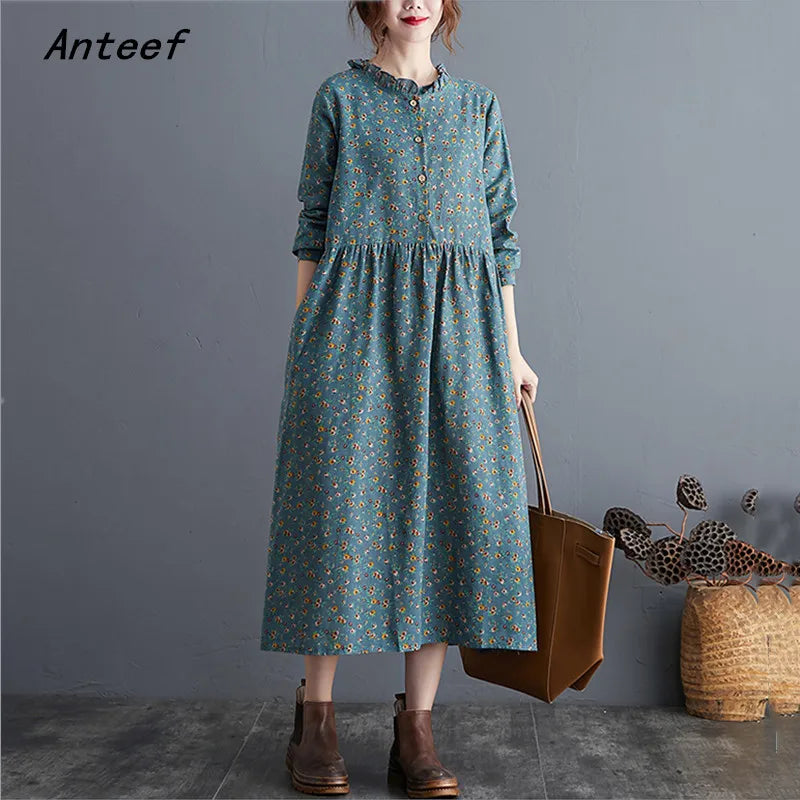 long sleeve cotton linen ruffle vintage floral new in dresses for women casual loose spring autumn dress elegant clothing 2026