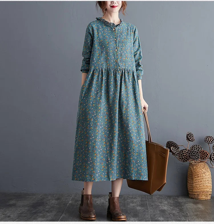 long sleeve cotton linen ruffle vintage floral new in dresses for women casual loose spring autumn dress elegant clothing 2026
