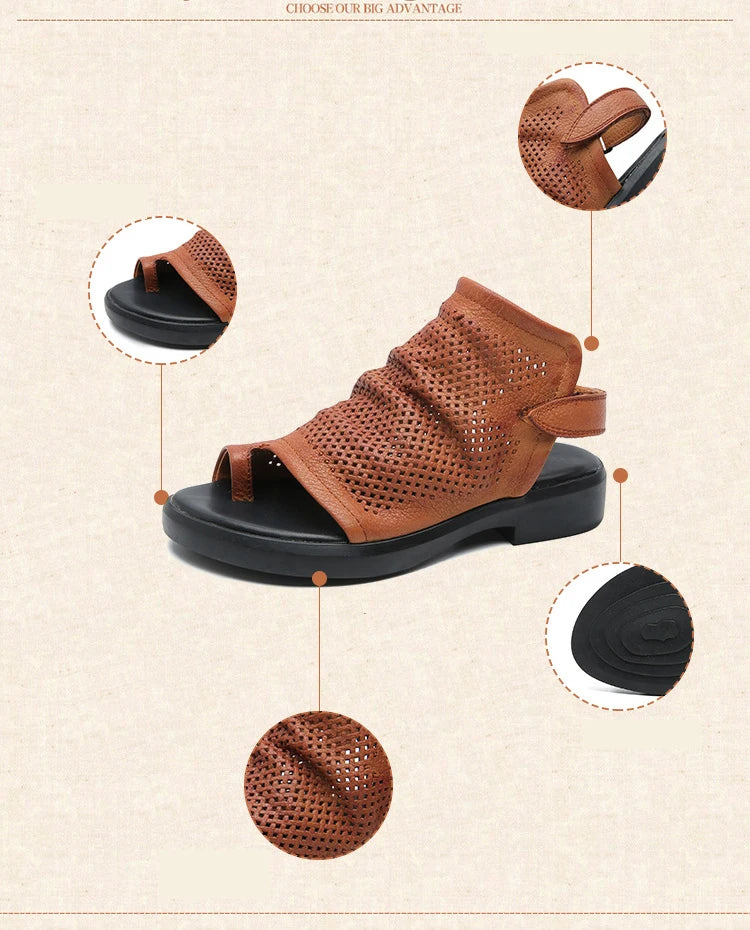 Birkuir Retro Hollow Out Sandals For Women Genuine Leather Flip Flop Slides Sandals Breathable Shoes Hook Loop Beach Sandals