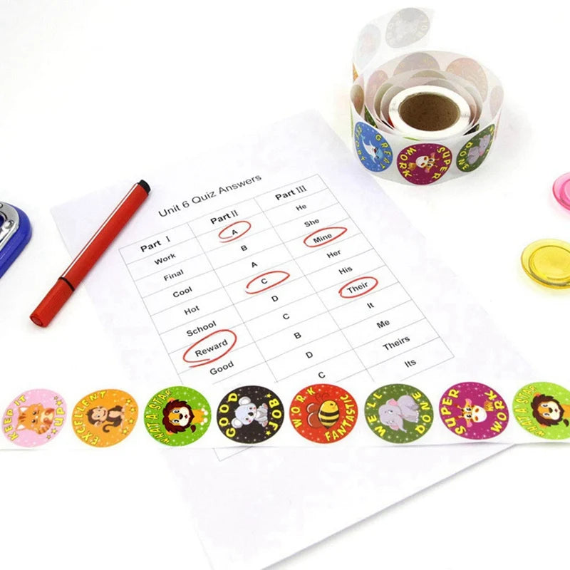 500Pcs Reward Stickers Motivational Stickers Roll for School Reward Students Teachers Cute Animals Stickers Labels