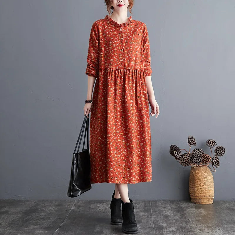 long sleeve cotton linen ruffle vintage floral new in dresses for women casual loose spring autumn dress elegant clothing 2026
