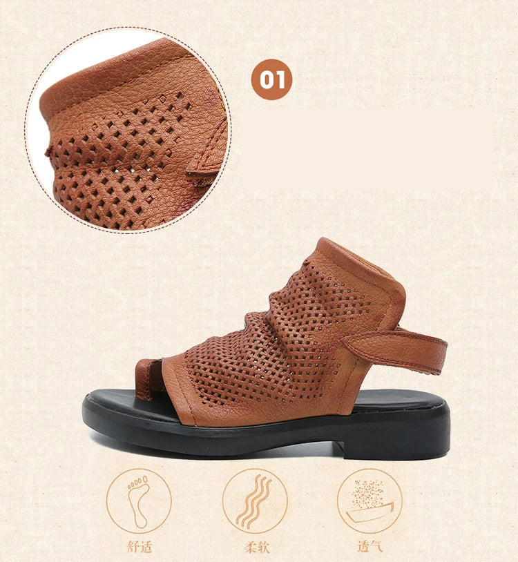Birkuir Retro Hollow Out Sandals For Women Genuine Leather Flip Flop Slides Sandals Breathable Shoes Hook Loop Beach Sandals