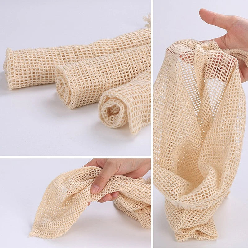 Reusable Cotton Mesh Produce Bags for Vegetable Fruit Food Kitchen Washable Grid Storage Bag Eco String bag Kitchen Organizer