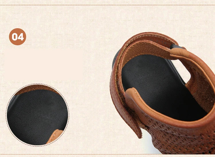 Birkuir Retro Hollow Out Sandals For Women Genuine Leather Flip Flop Slides Sandals Breathable Shoes Hook Loop Beach Sandals
