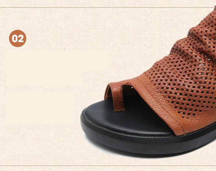 Birkuir Retro Hollow Out Sandals For Women Genuine Leather Flip Flop Slides Sandals Breathable Shoes Hook Loop Beach Sandals