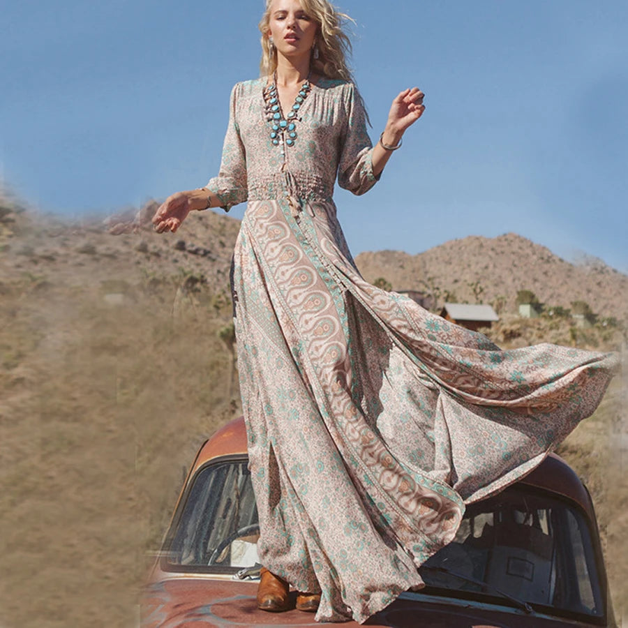 TEELYNN boho long dress Vintage 2023 floral print Chiffon three quarter sleeve v-neck summer Gypsy Hippie women dresses vestidos