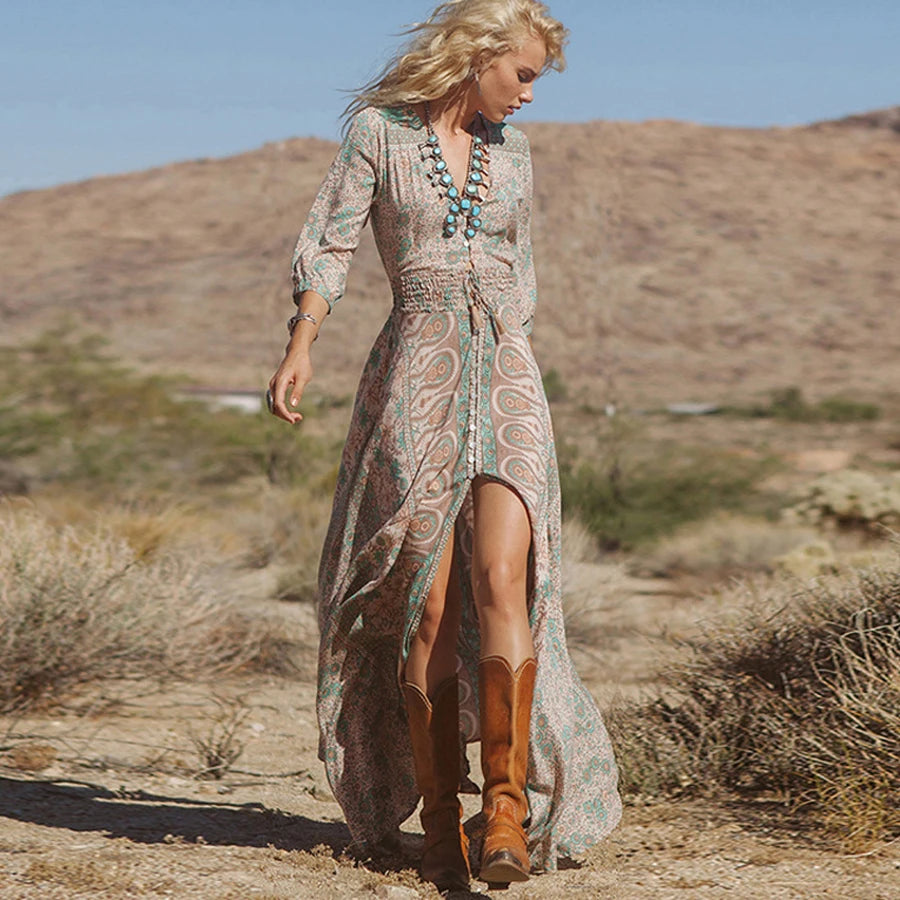 TEELYNN boho long dress Vintage 2023 floral print Chiffon three quarter sleeve v-neck summer Gypsy Hippie women dresses vestidos