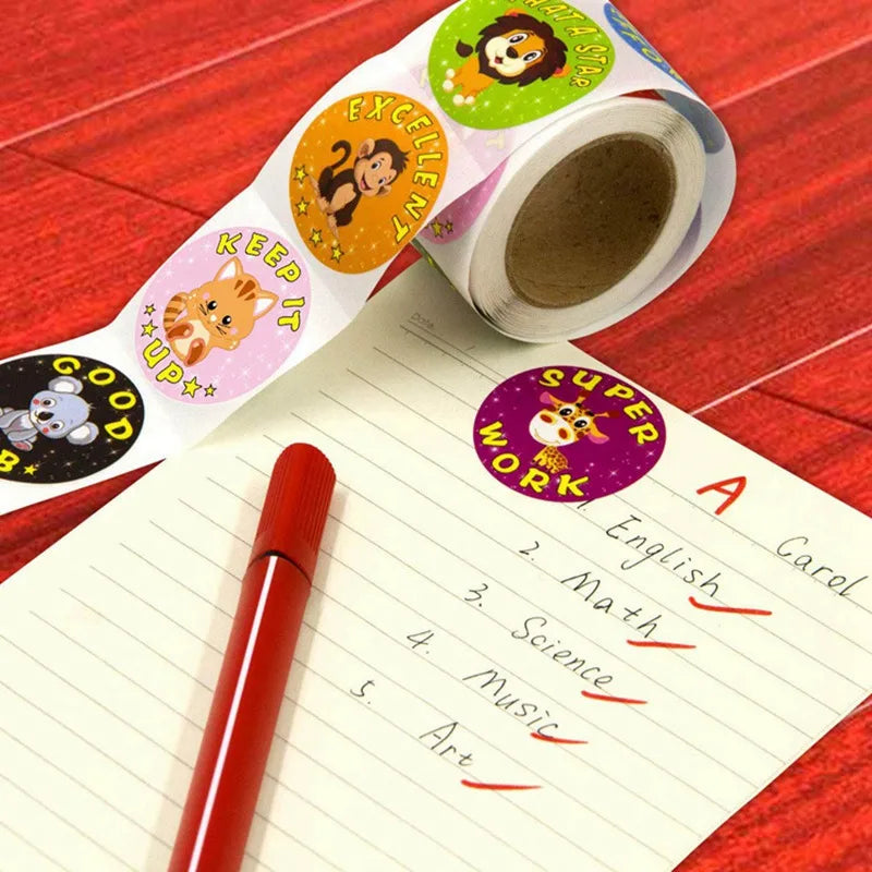 500Pcs Reward Stickers Motivational Stickers Roll for School Reward Students Teachers Cute Animals Stickers Labels