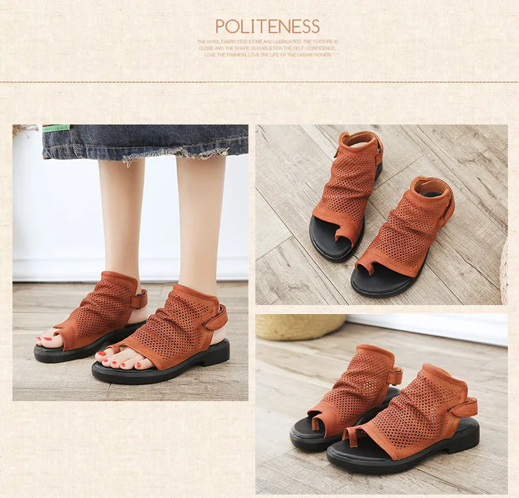 Birkuir Retro Hollow Out Sandals For Women Genuine Leather Flip Flop Slides Sandals Breathable Shoes Hook Loop Beach Sandals