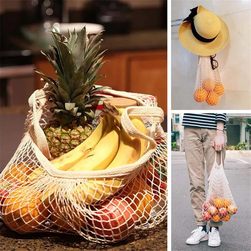 Reusable Cotton Mesh Produce Bags for Vegetable Fruit Food Kitchen Washable Grid Storage Bag Eco String bag Kitchen Organizer
