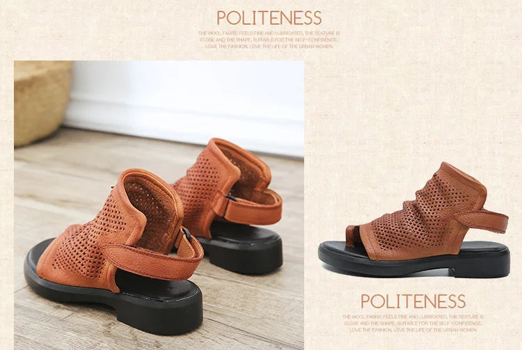 Birkuir Retro Hollow Out Sandals For Women Genuine Leather Flip Flop Slides Sandals Breathable Shoes Hook Loop Beach Sandals