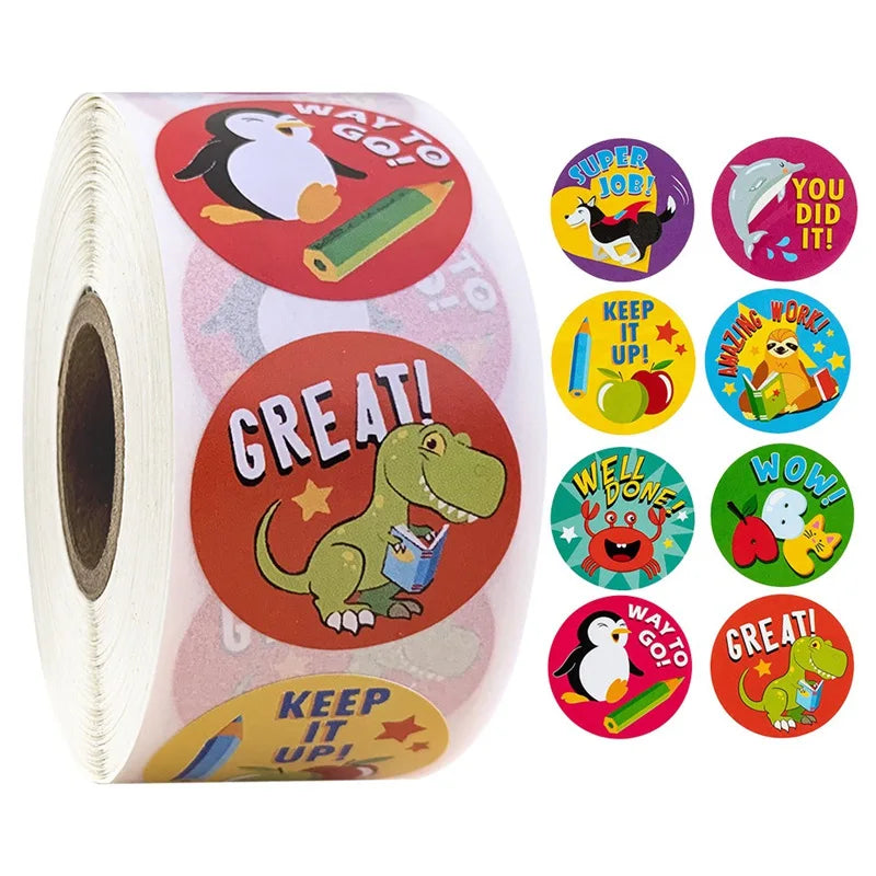 500Pcs Reward Stickers Motivational Stickers Roll for School Reward Students Teachers Cute Animals Stickers Labels