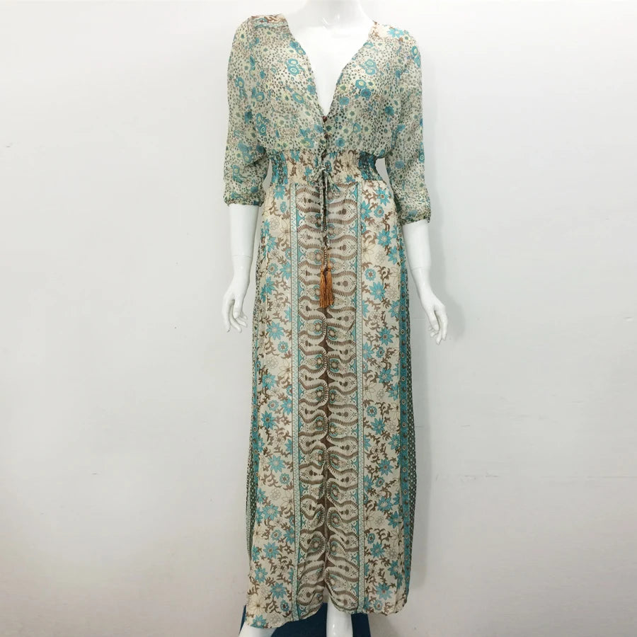 TEELYNN boho long dress Vintage 2023 floral print Chiffon three quarter sleeve v-neck summer Gypsy Hippie women dresses vestidos