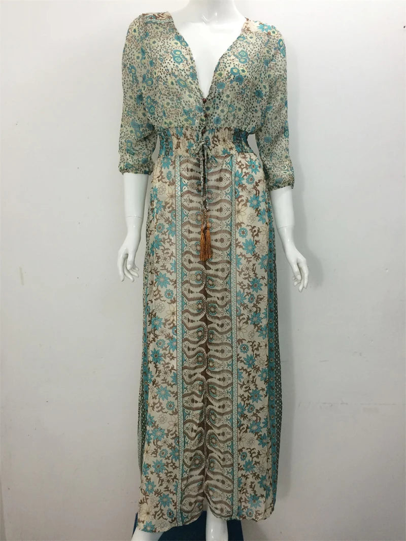 TEELYNN boho long dress Vintage 2023 floral print Chiffon three quarter sleeve v-neck summer Gypsy Hippie women dresses vestidos