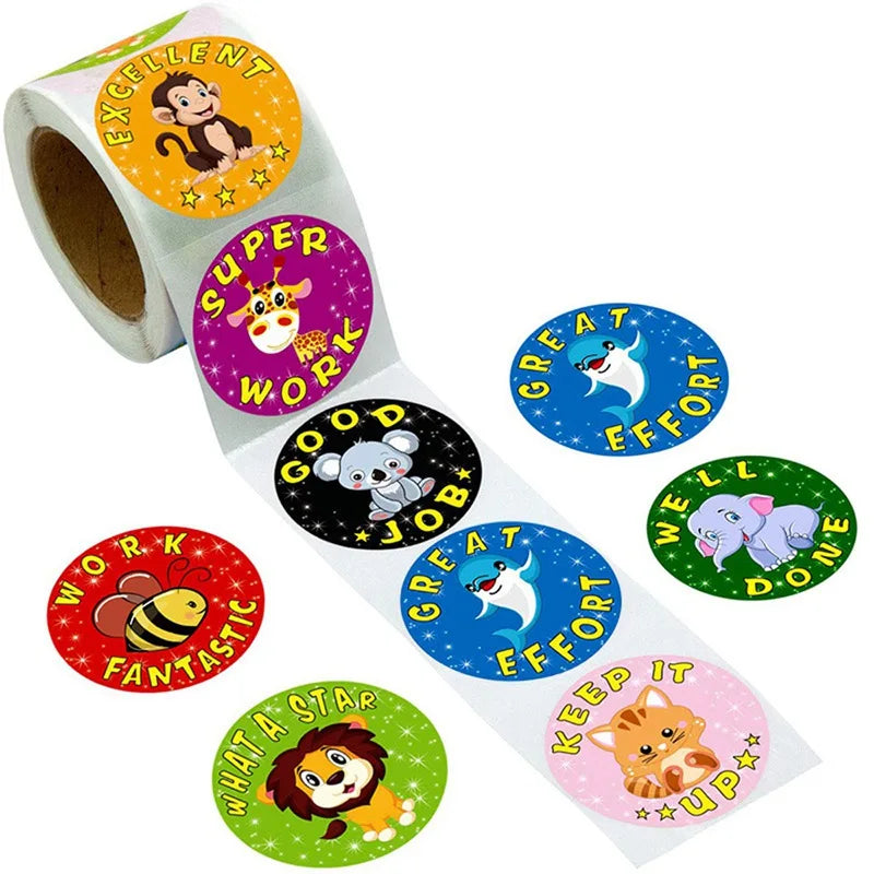 500Pcs Reward Stickers Motivational Stickers Roll for School Reward Students Teachers Cute Animals Stickers Labels