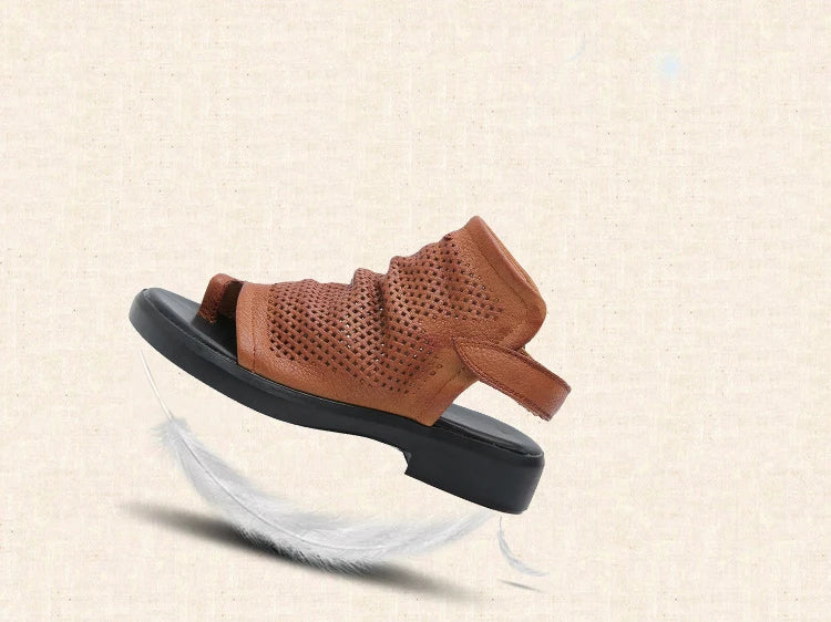 Birkuir Retro Hollow Out Sandals For Women Genuine Leather Flip Flop Slides Sandals Breathable Shoes Hook Loop Beach Sandals