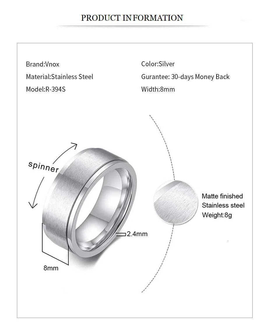 Vnox 6/8mm Spinner Ring for Men Stress Release Accessory Classic Stainless Steel Wedding Band Casual Viking Rune Sport Jewelry
