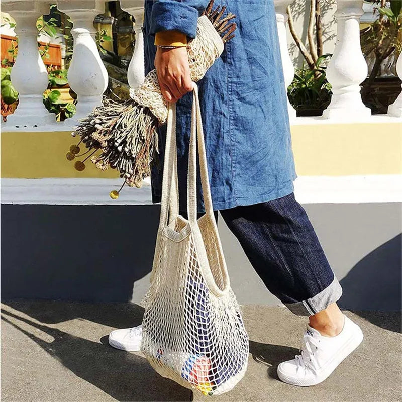 Reusable Cotton Mesh Produce Bags for Vegetable Fruit Food Kitchen Washable Grid Storage Bag Eco String bag Kitchen Organizer