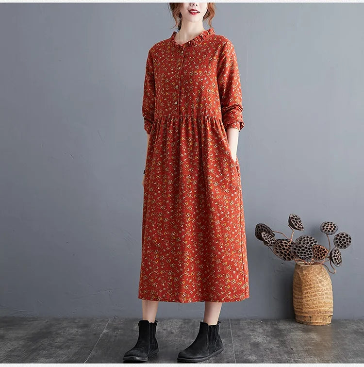 long sleeve cotton linen ruffle vintage floral new in dresses for women casual loose spring autumn dress elegant clothing 2026