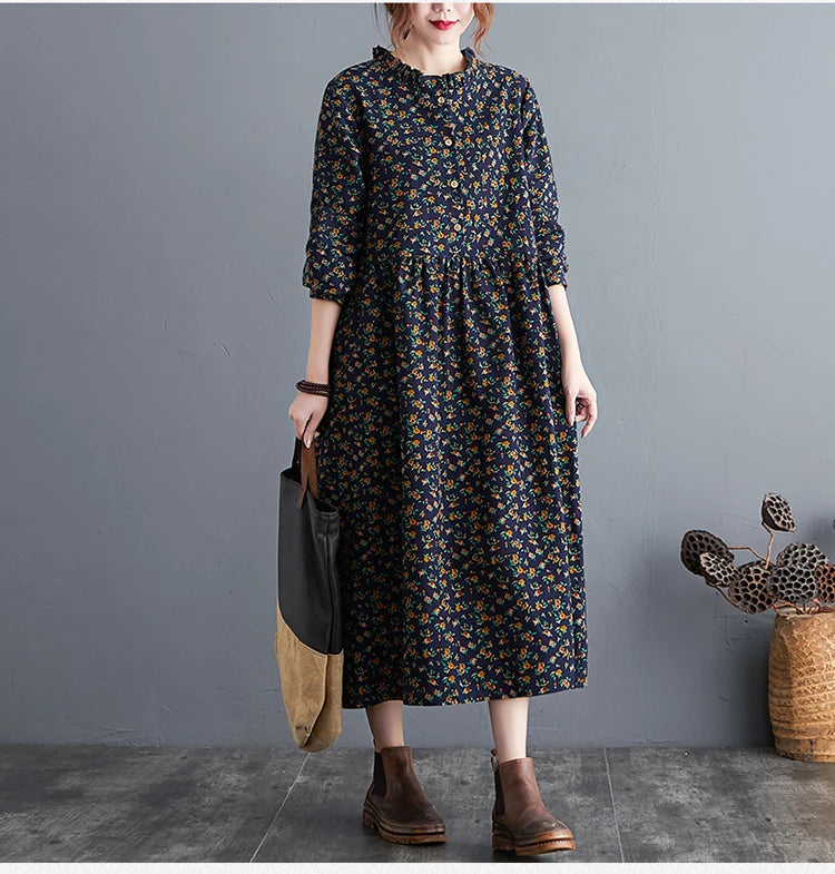long sleeve cotton linen ruffle vintage floral new in dresses for women casual loose spring autumn dress elegant clothing 2026