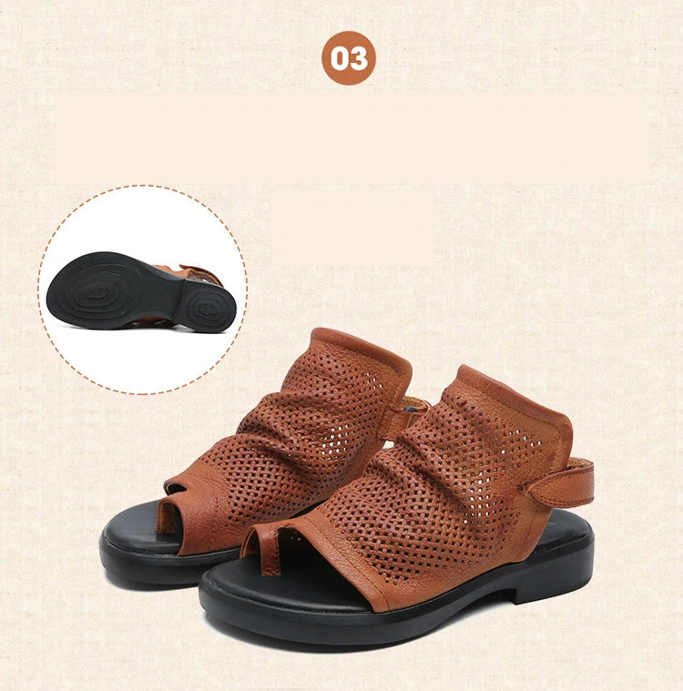 Birkuir Retro Hollow Out Sandals For Women Genuine Leather Flip Flop Slides Sandals Breathable Shoes Hook Loop Beach Sandals