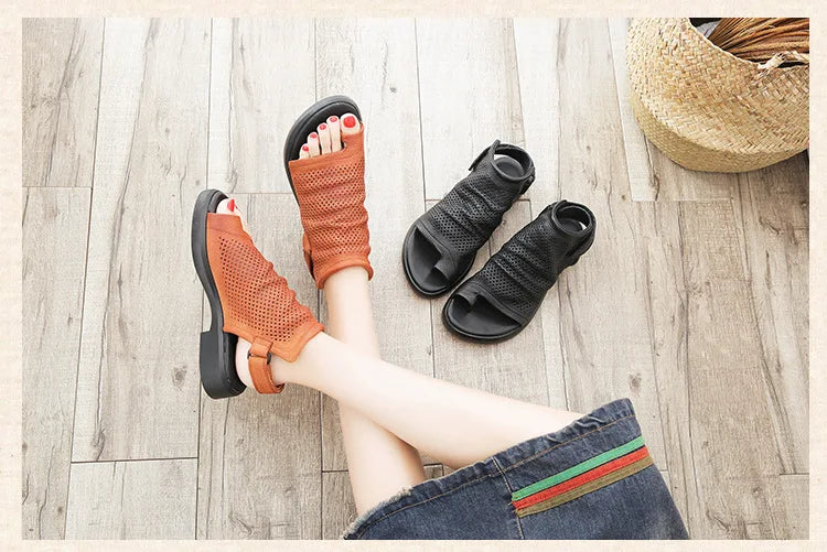 Birkuir Retro Hollow Out Sandals For Women Genuine Leather Flip Flop Slides Sandals Breathable Shoes Hook Loop Beach Sandals