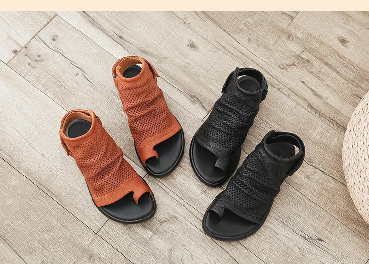 Birkuir Retro Hollow Out Sandals For Women Genuine Leather Flip Flop Slides Sandals Breathable Shoes Hook Loop Beach Sandals