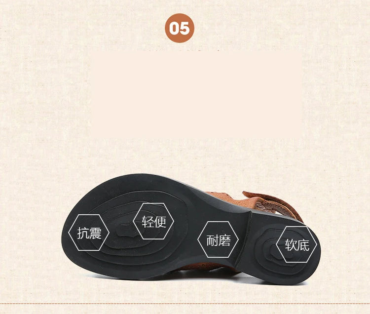 Birkuir Retro Hollow Out Sandals For Women Genuine Leather Flip Flop Slides Sandals Breathable Shoes Hook Loop Beach Sandals