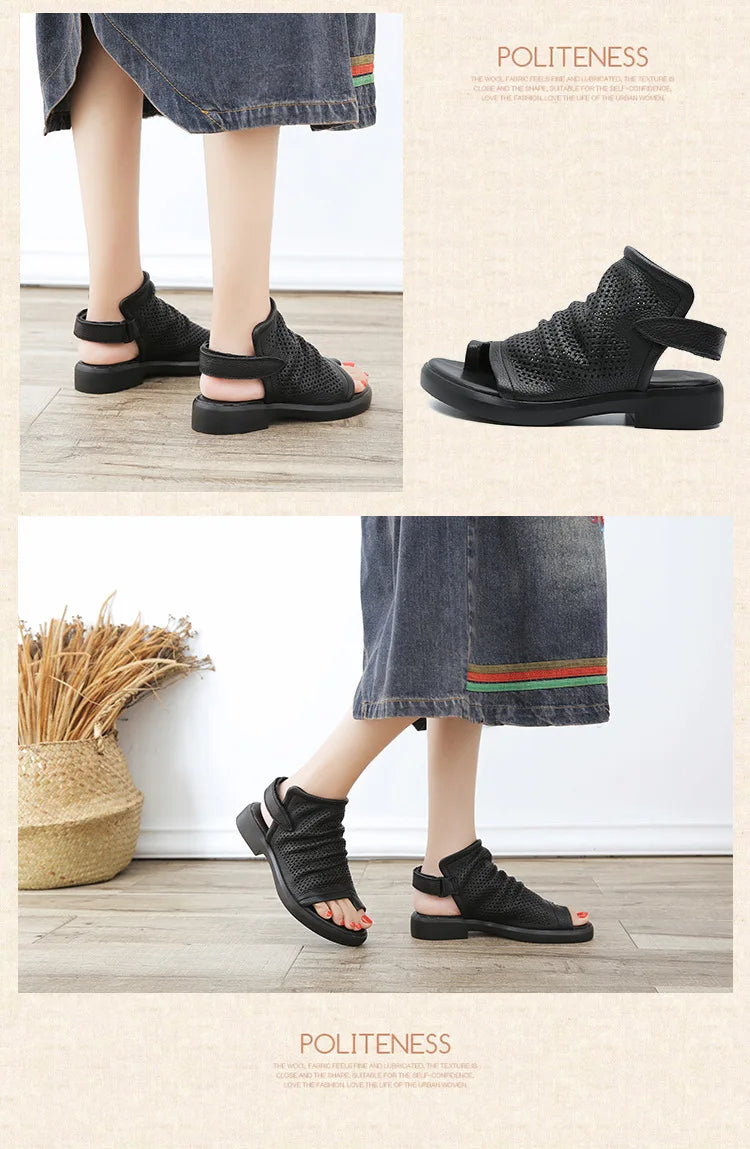 Birkuir Retro Hollow Out Sandals For Women Genuine Leather Flip Flop Slides Sandals Breathable Shoes Hook Loop Beach Sandals
