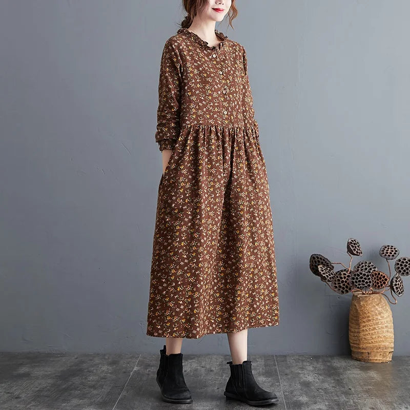 long sleeve cotton linen ruffle vintage floral new in dresses for women casual loose spring autumn dress elegant clothing 2026
