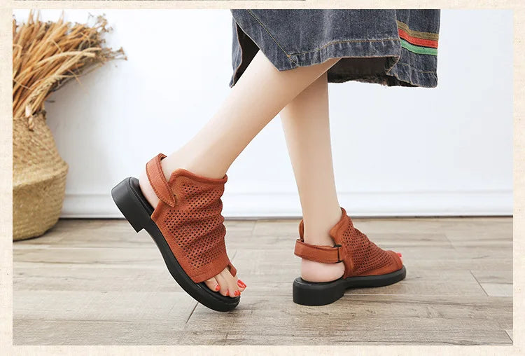 Birkuir Retro Hollow Out Sandals For Women Genuine Leather Flip Flop Slides Sandals Breathable Shoes Hook Loop Beach Sandals