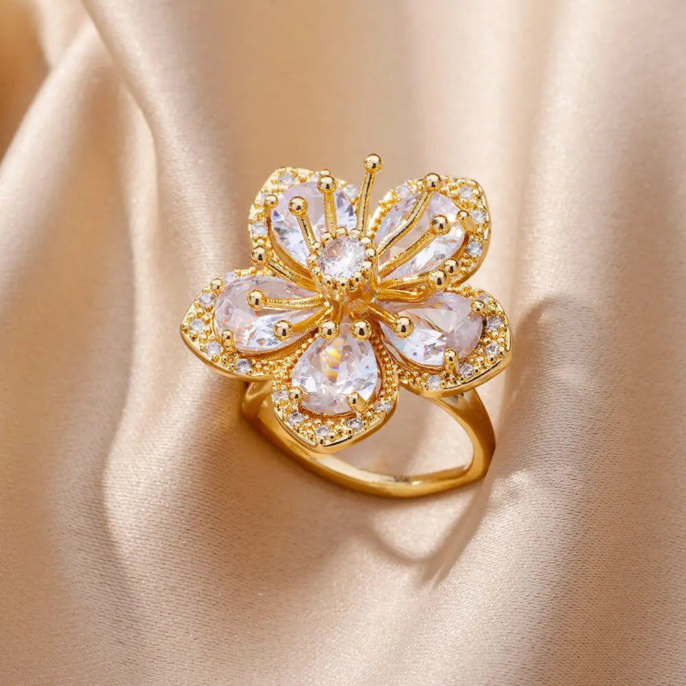 Colorful Zircon Flower Rings For Women Gold Color Stainless Steel Floral Ring Elegant Luxury Wedding Aesthetic Jewelry Gift