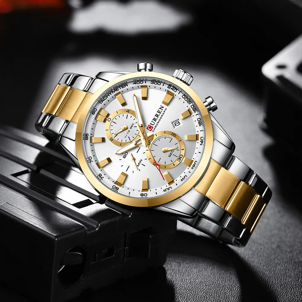 CURREN Casual Sporty Brand Stainless Steel Band Wristwatches for Men  Chronograph Quartz Watches with Date New 8445