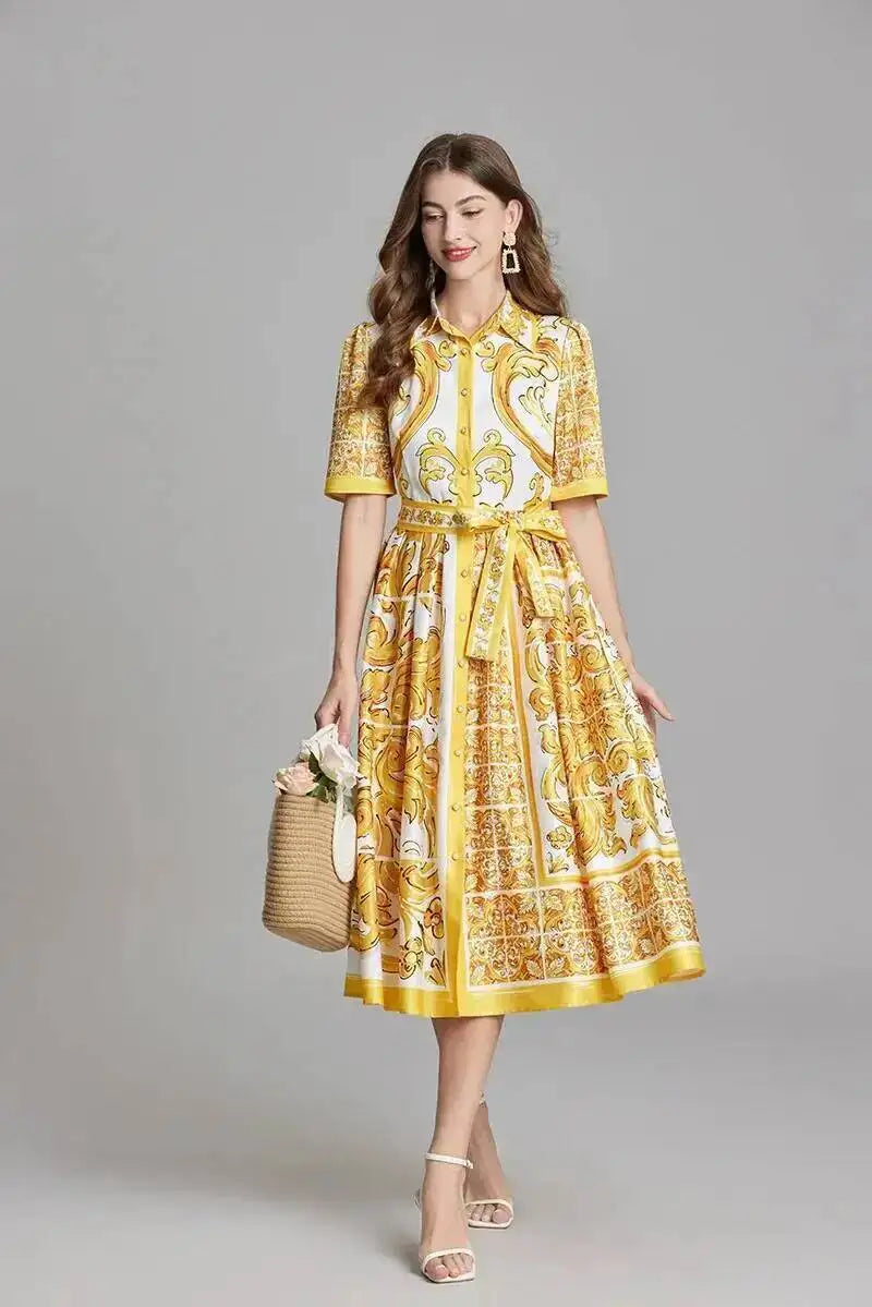 Fashion Summer Floral Long Dress Women Purple Porcelain Print Midi Dresses Shirt Single Breasted Office Lady Work Holiday Runway