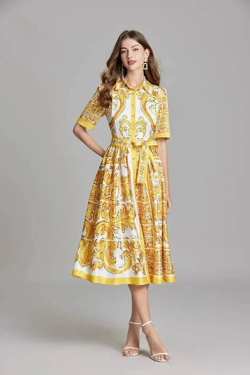 Fashion Summer Floral Long Dress Women Purple Porcelain Print Midi Dresses Shirt Single Breasted Office Lady Work Holiday Runway
