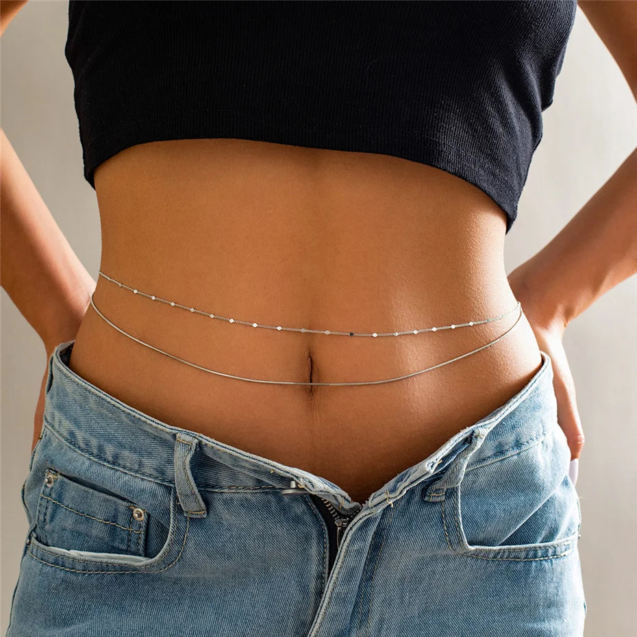 2Pcs/Set Simple Boho Smooth Snake Chain Waist Belt Sexy Lingerie Women Rhinestone Belly Body Jewelry Bikini Summer Accessories