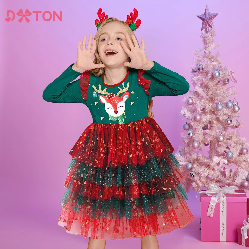 DXTON Princess Dress For Girls Christmas Gift Elk Printed Children New Year Party Clothing Winter Layered Mesh Kids Xmas Dress