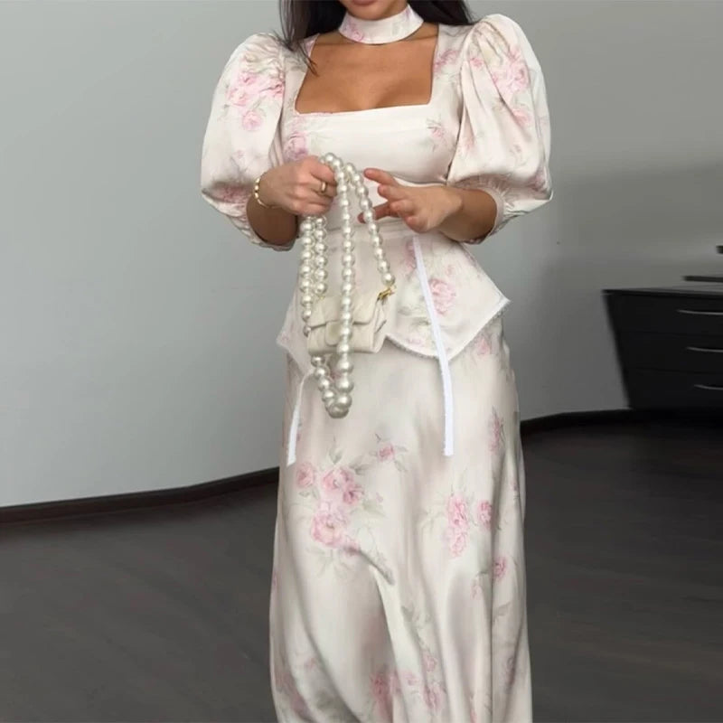 Women Dress Floral Print Satin Choker Neck Puff Sleeve Peplum Waist Maxi Dresses Elegant Vintage Beach Party Bodycon For Ladies