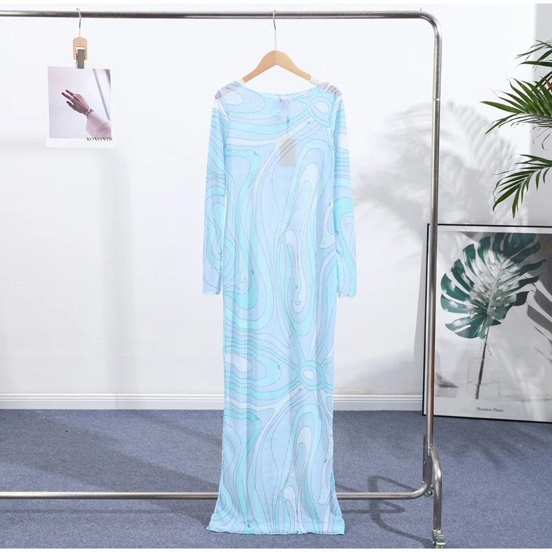 2025 New Fashion Print Beach Long Dress Summer Women Spaghetti Strap Dress Long Sleeve O-Neck Dresses Summer New Lady Robes