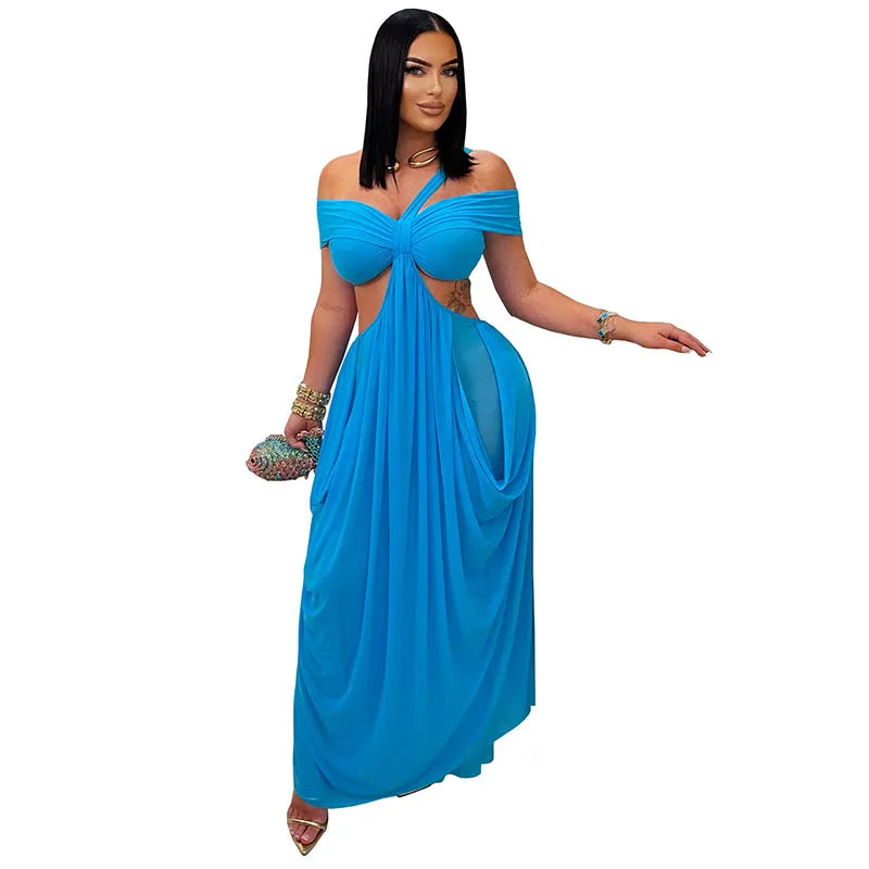 Sexy Beach Long Dress Women Hollow Out Backless Fold A Line Vestidos Female 2025 Summer Fashion Chic Solid High Waist Dresses