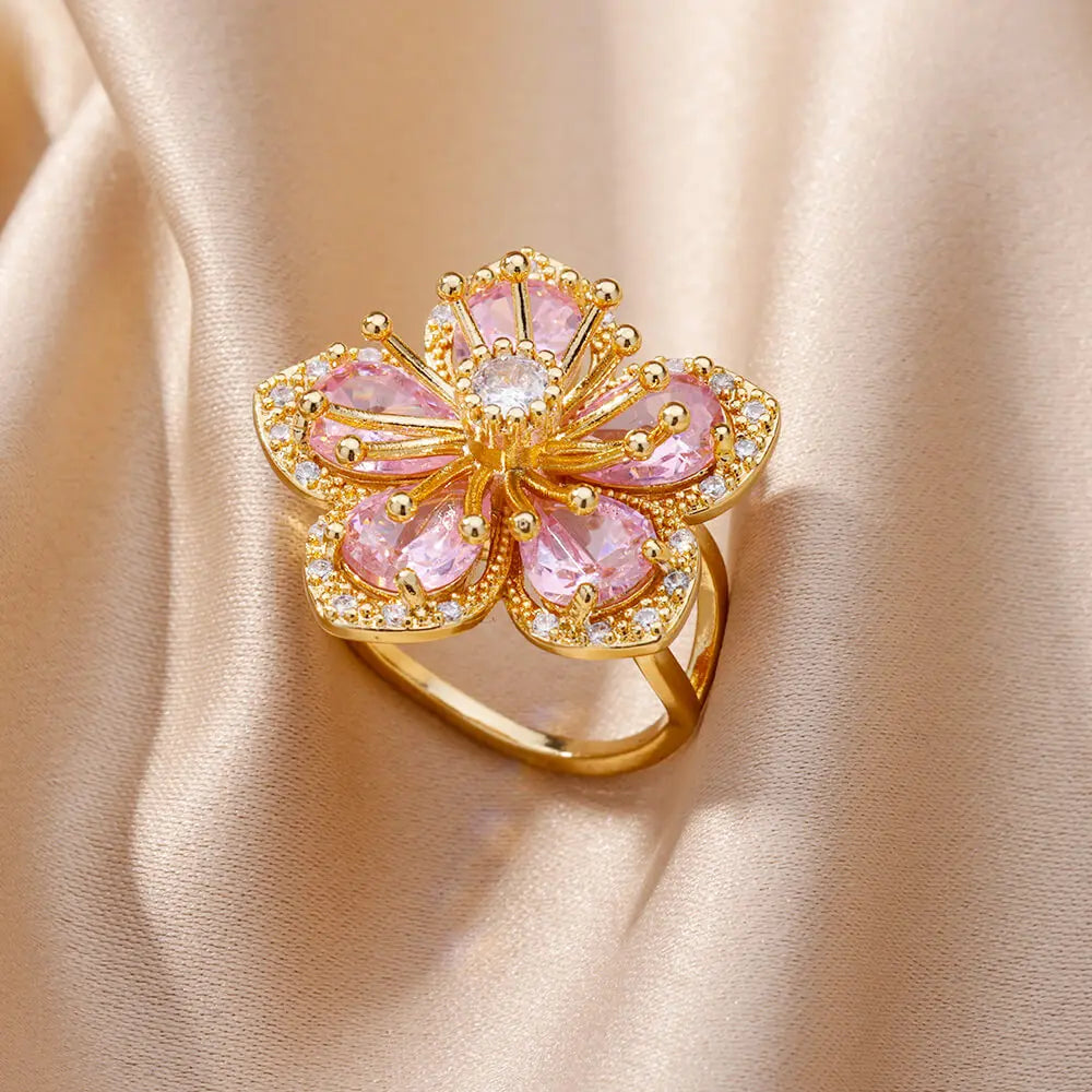 Colorful Zircon Flower Rings For Women Gold Color Stainless Steel Floral Ring Elegant Luxury Wedding Aesthetic Jewelry Gift