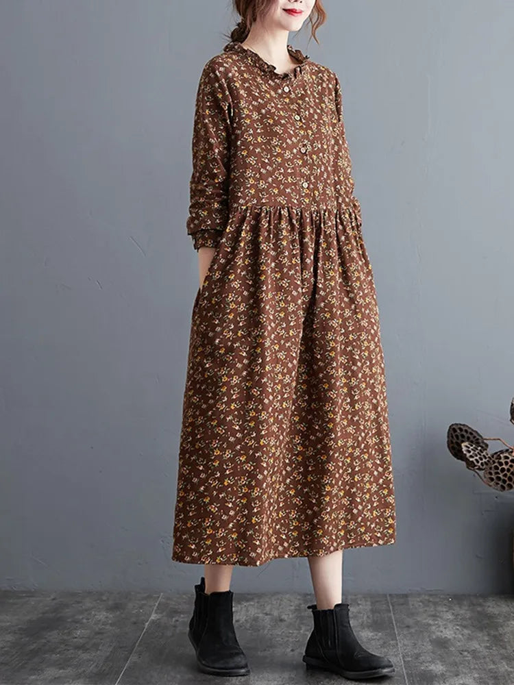 long sleeve cotton linen ruffle vintage floral new in dresses for women casual loose spring autumn dress elegant clothing 2026