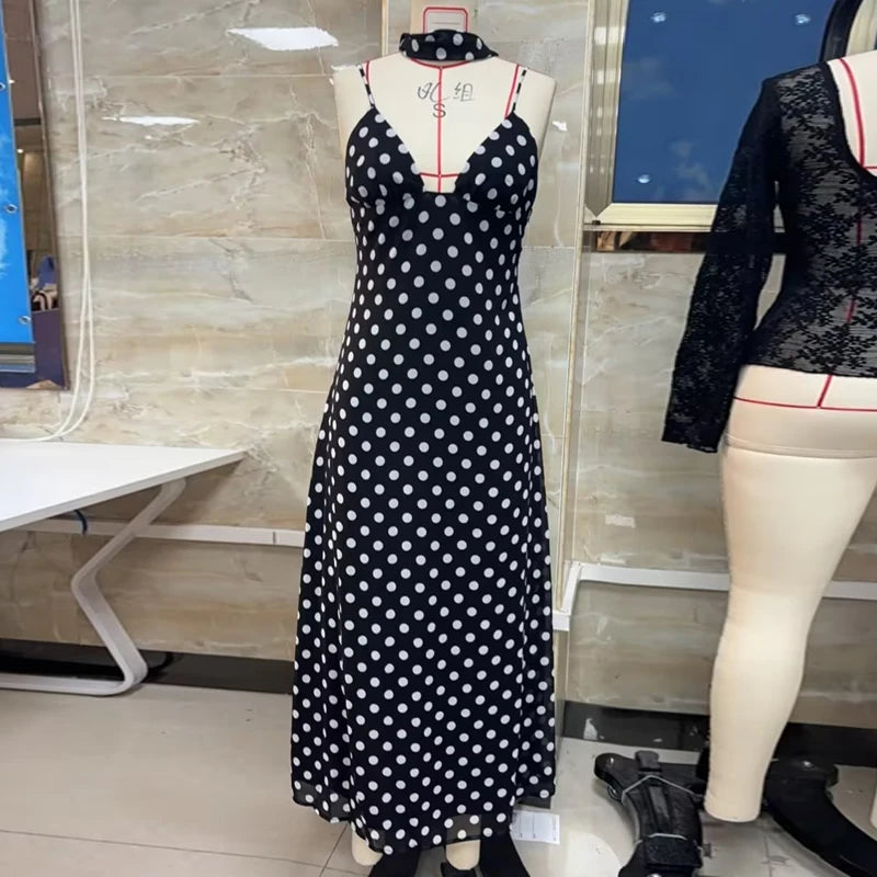 Women Polka Dot Summer Dress with Scarf Coquette Y2k V Neck Tie Back Spaghetti Strap Maxi Dresses 2025 Slim Fit A Line Beachwear