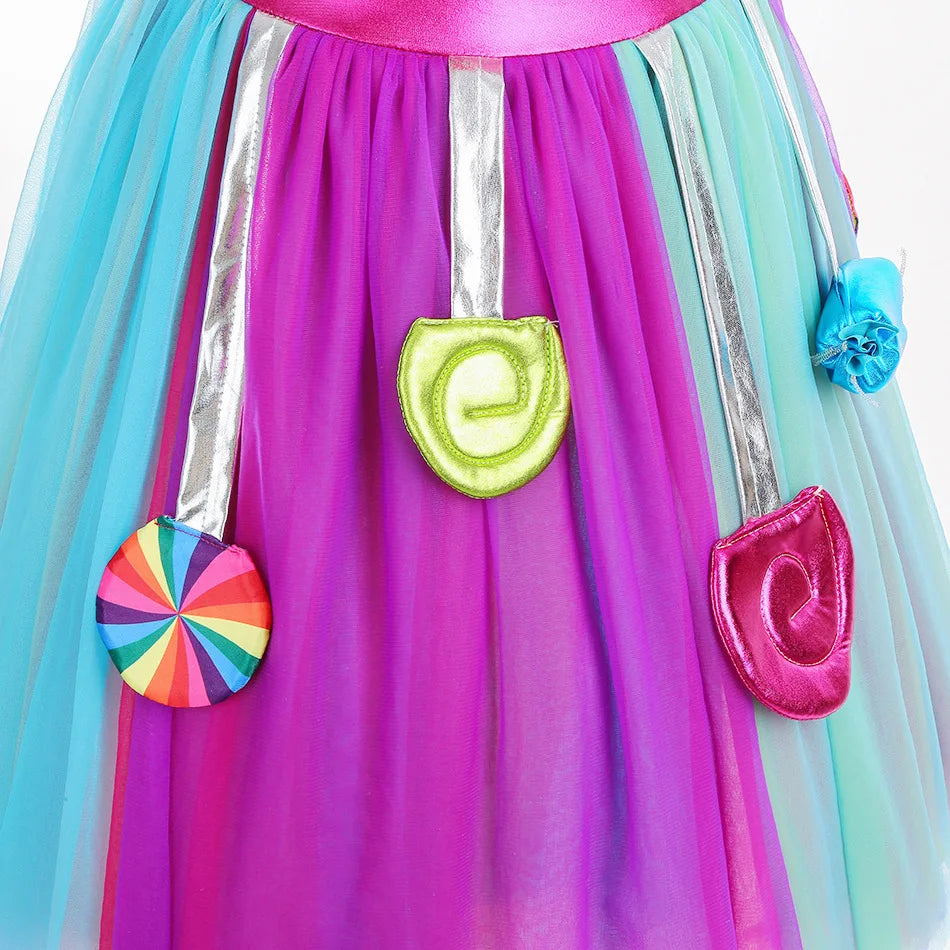 Girls Rainbow Lollipop Costume Princess Dress Purim Festival Candy Vestido Fancy Carnival Birthday Children Fantasy Wings Outfit