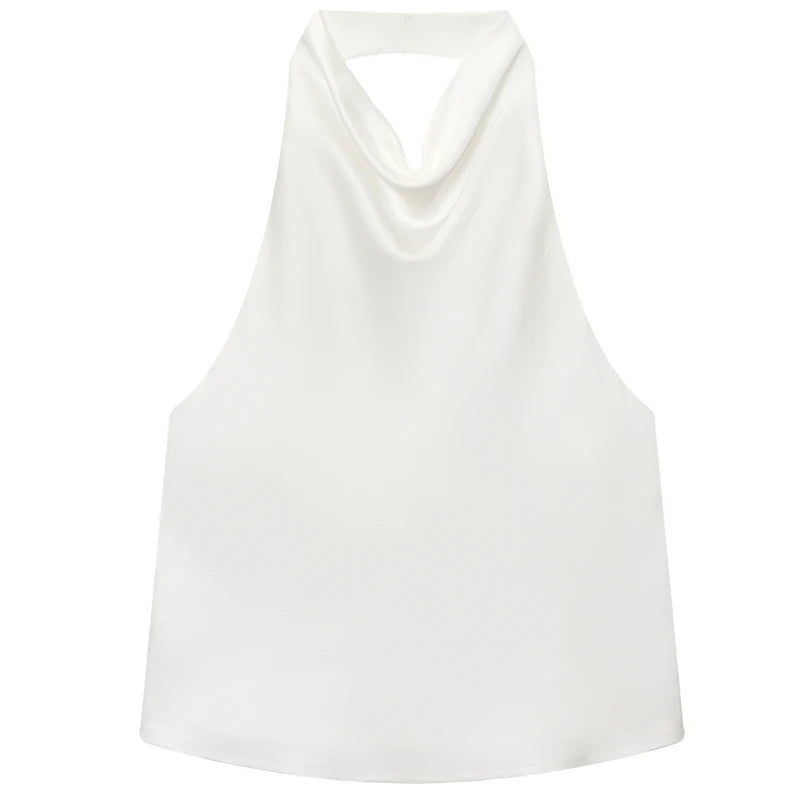 HXAO Satin Halter Top Women Summer 2025 Black Yellow Tanks & Camis Crop Smooth Off Shoulder Tank Top Sleeveless Backless Vests