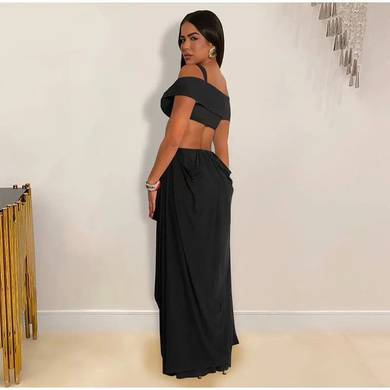 Sexy Beach Long Dress Women Hollow Out Backless Fold A Line Vestidos Female 2025 Summer Fashion Chic Solid High Waist Dresses